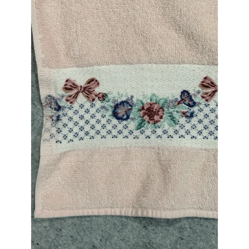 Vintage BIBB Pink Floral Ribbon Bath Towel Set USA Cottagecore Shabby Chic
